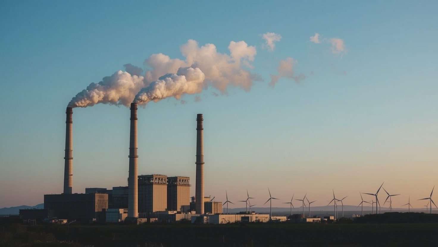 Industrieanlage mit Schornsteinen und Windräder am Horizont